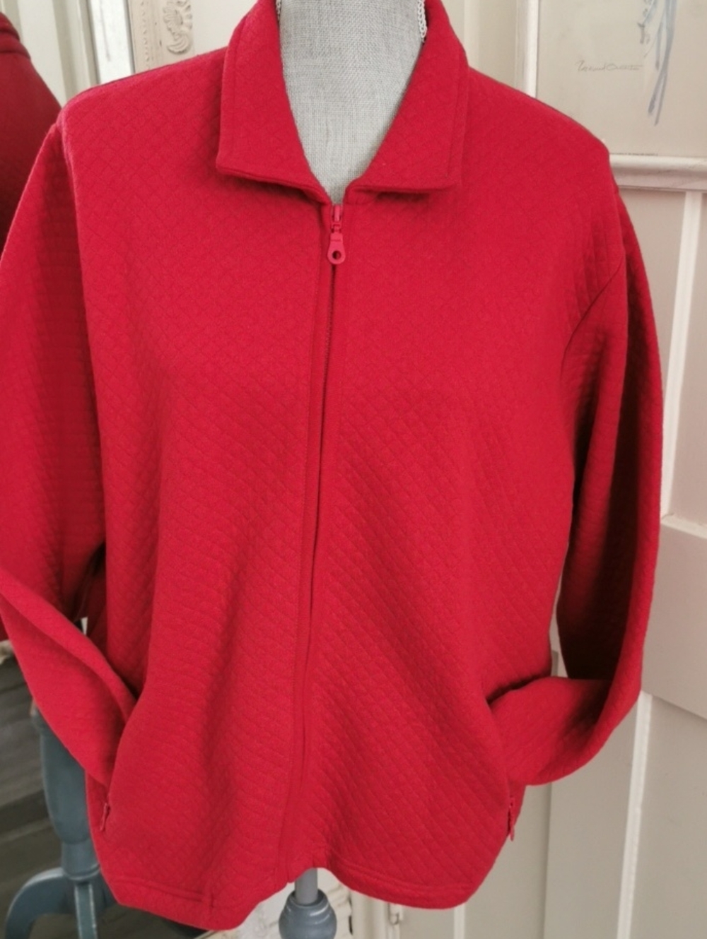 Vintage Cottage Cove Womens Cottagecore Quilted Zip-Up Red Sweater. Size L
